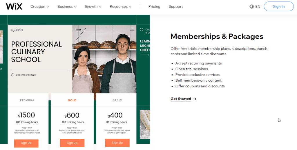 Memberships and Packages page for Wix