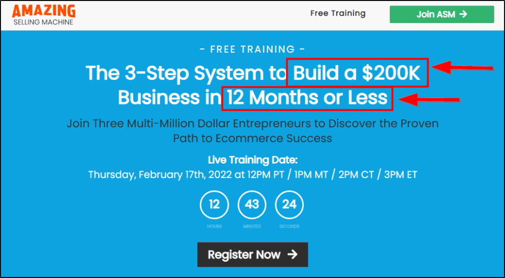 Amazing Selling Machine free training  sales page "The 3-Step System to Build a $200k Business in 12 Months or Less"