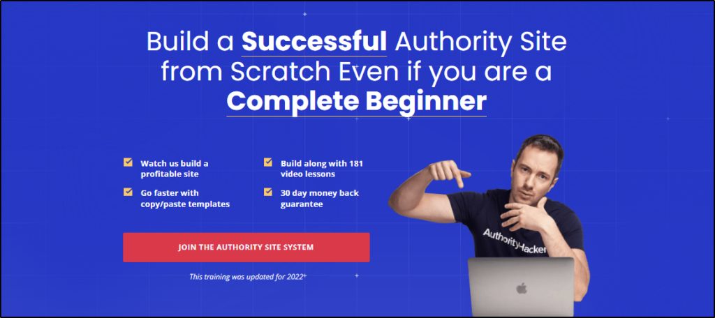 Authority Hackers sales page "Build a Successful Authority Site from Scratch Even if you are a Complete Beginner"