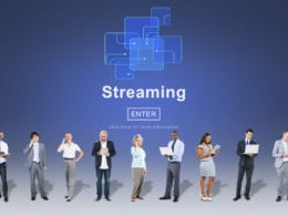 Multiple people on devices with text "Streaming" for livestreaming and multistreaming concept
