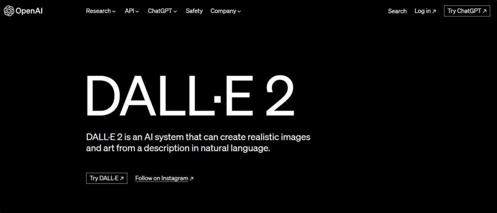 DallE2 homepage with black background and DALLE2 in wh ite