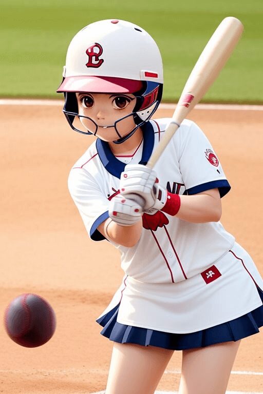 Anime female baseball player swinging at a ball 
