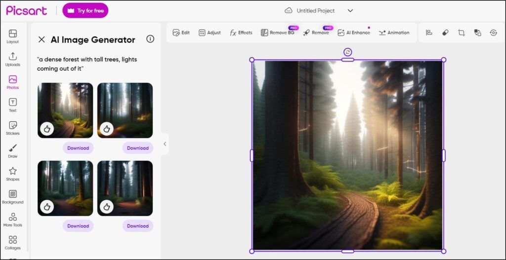 Picsart AI Image generator gives you 4 images of a dense forest with tall trees, lights coming out of it