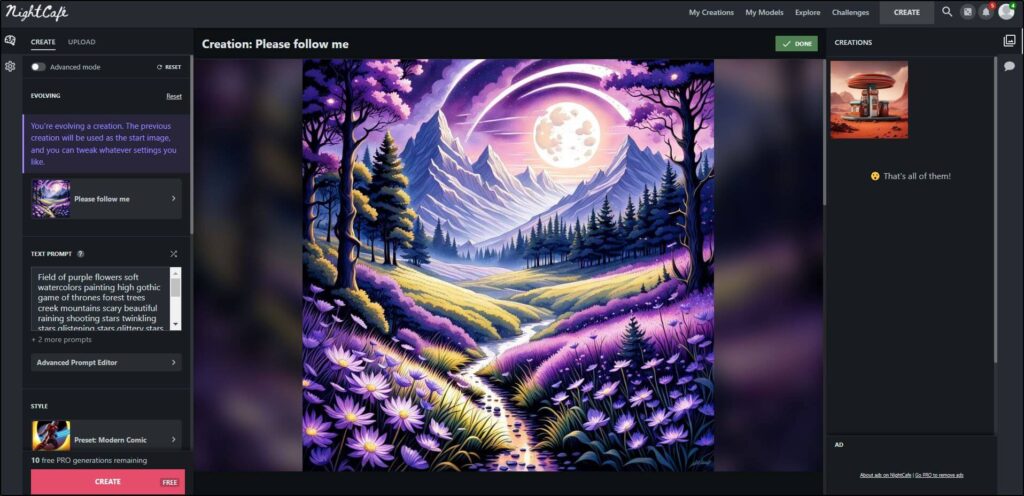 image generated of a field of purple flowers and a stream with moon and mountains 