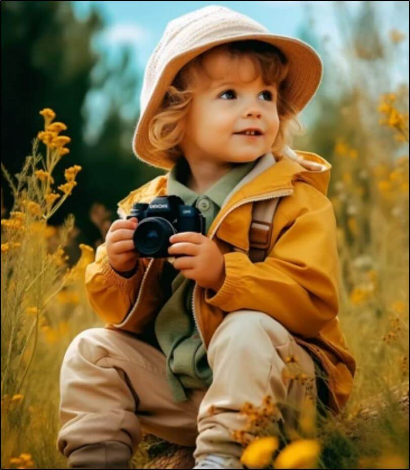image of a little kid wiht a bucket hat on holdoing a camera sitting in a field of flowers