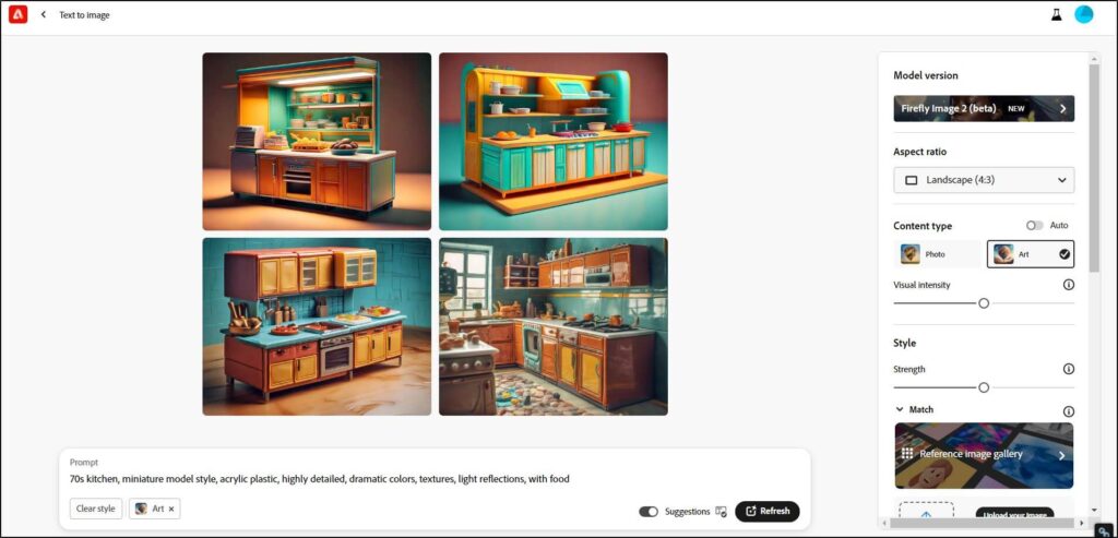 4 images created in Firefly of a 70's kitchen