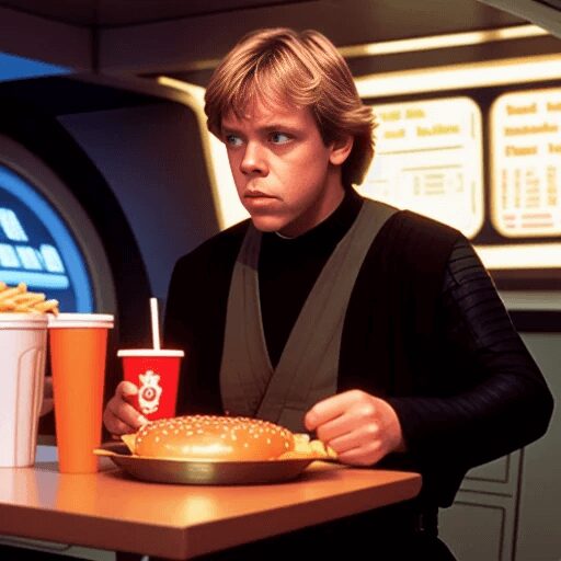 Person on a spaceship standing at a table with a drink, burger and fries in front of him