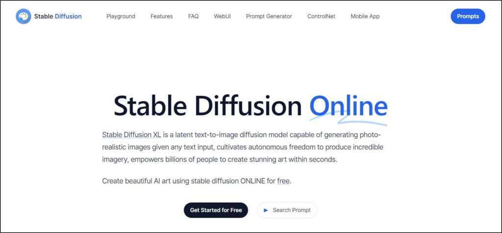 Stable Diffusion homepage screenshot
Get started for free button
Search Prompt button