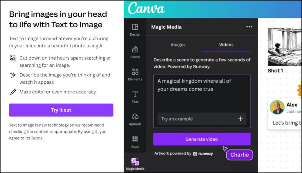 Canva Magic Media screen
where you describe a scene to generate a few seconds of video