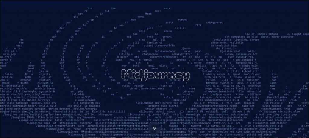 Midjourney homepage with dark blue background and words Midjourney in center with arrows on bottom 