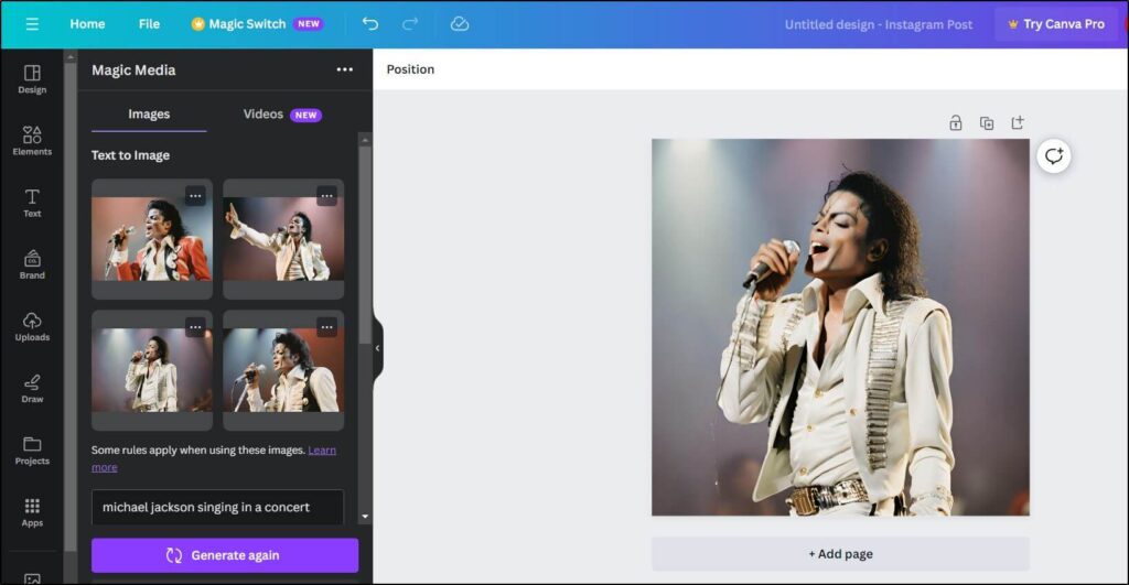 Ai generated image of michael jackson singing in Canva