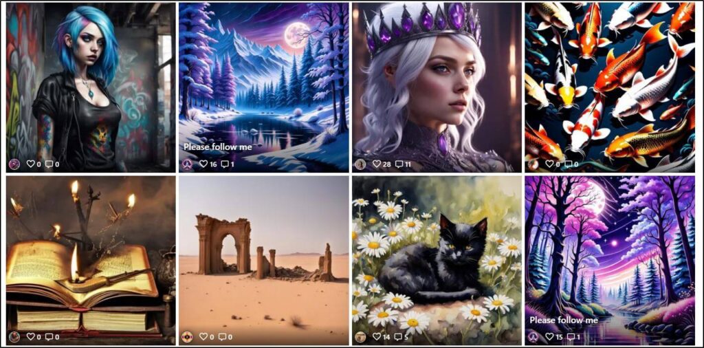 8 boxes with an image in each box
Girl with blue hair, water with purple snowy trees, girl with white hair and pruple crown, a swarm of orange, yellow and white fish,
an old book opened up with a candle on top, ruins, 

7. black cat in a field of daisies, 

8. scene with pink and purple trees and a stream