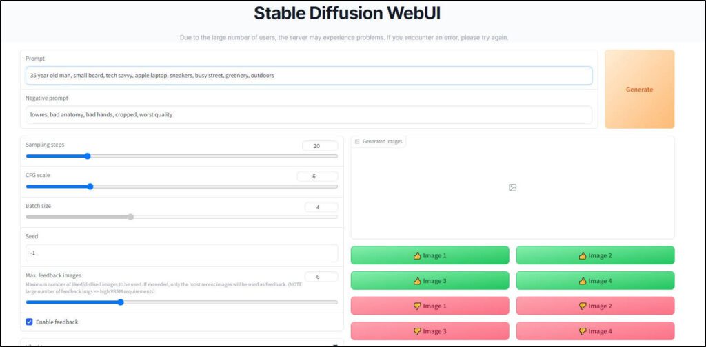 Stable Diffusion WebUI screen
with prompt and generate button