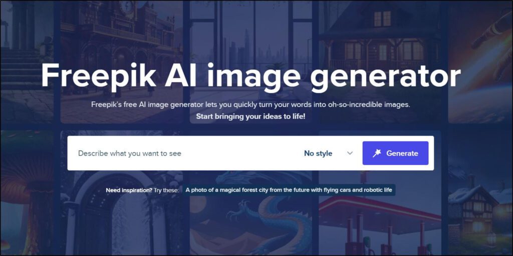 Freepik AI homepage where you describe what you want to see and it will generate it