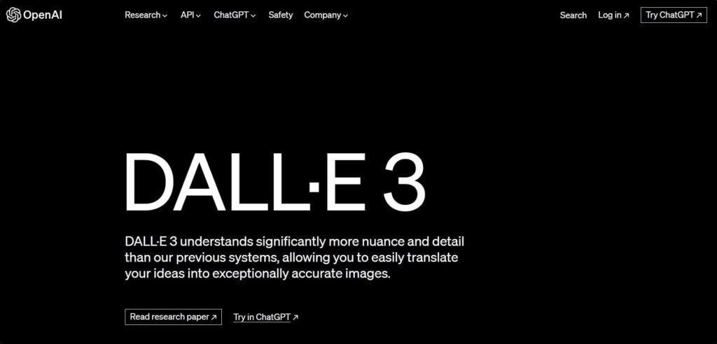 Image of DALLE3 homepage with black background and option to Try ChatGPT 