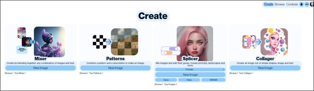 ArtBreeder create page with 4 images and Mixer Patterns Splicer and Collager