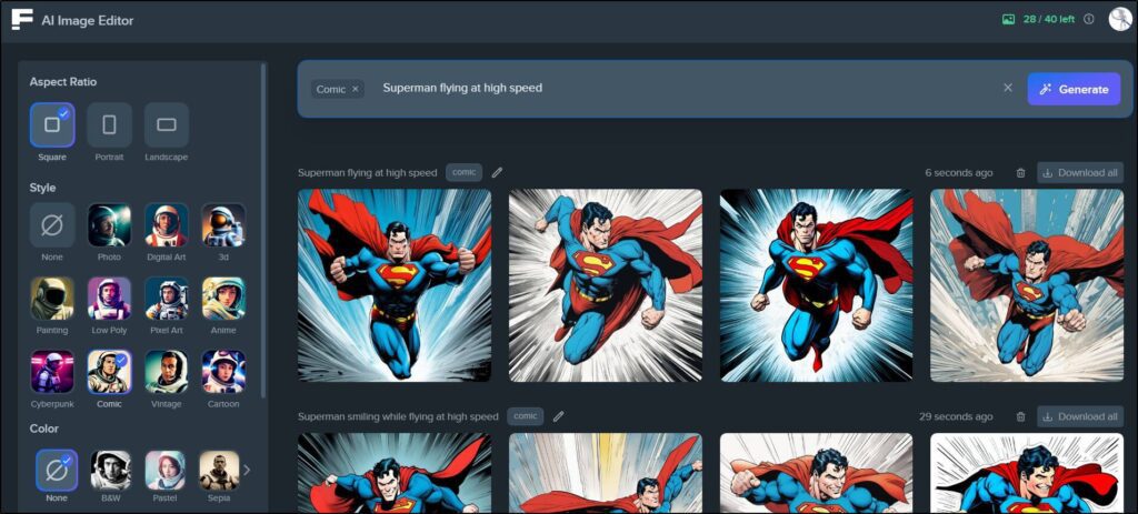 8 images of superman generated in Freepik