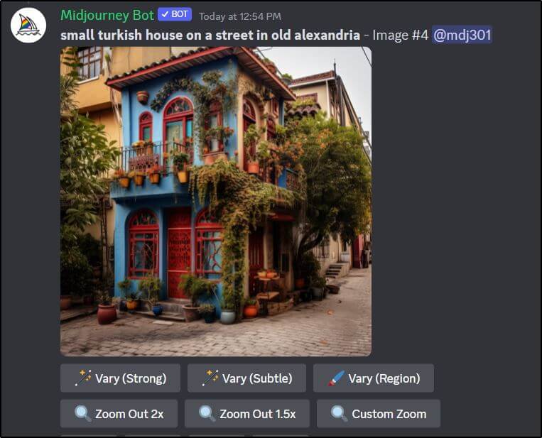 Midjourney Bot page with an image of a house