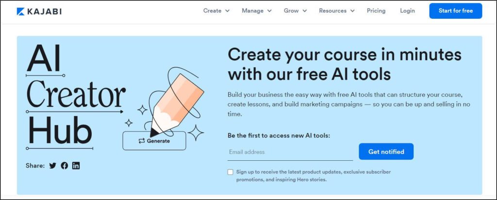 Kajabi AI Creator Hub homepage
Spot to enter email adress to Get notified 