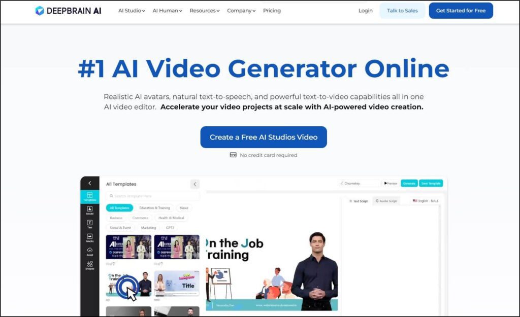 Deepbrain AI homepage with a create a free AI studios video button
