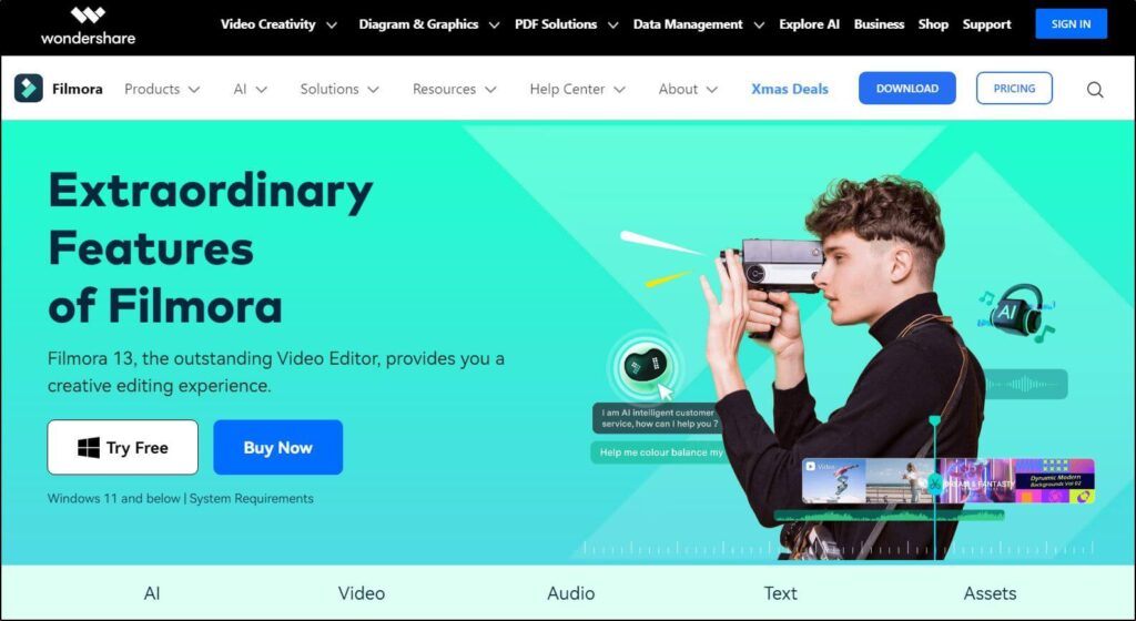 Wondershare homepage: Extraordinary Feature of Filmora with two buttons:
Try Free and Buy Now