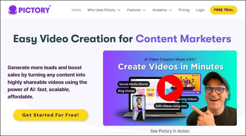 Pictory Homepage that says it can Easy Video Creation for Content Marketers with a video