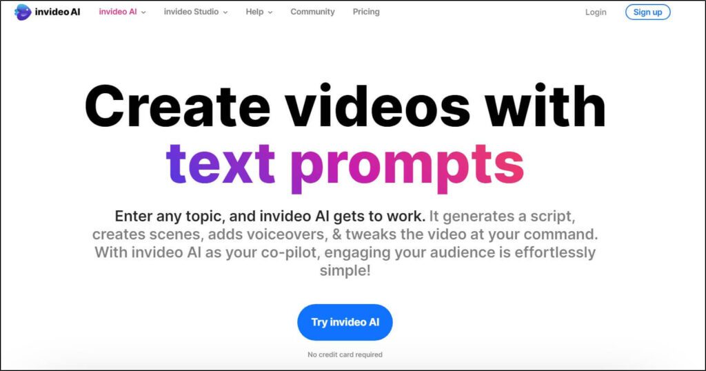 homepage with create videos with text prompts and a try invideo AI button