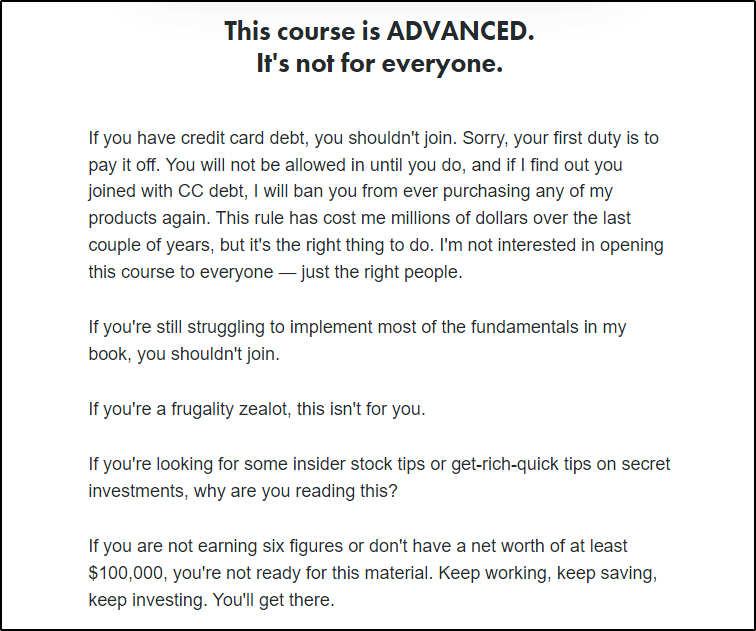 Sales page of Ramit Sethi, "This course is ADVANCED. It's not for everyone."