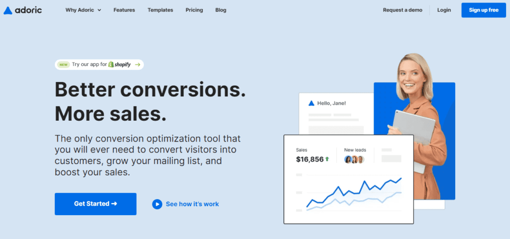 Adoric home page - "Better conversions. More sales."