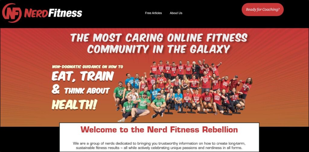 Nerd Fitness homepage with infoarmtion on how to become a coach