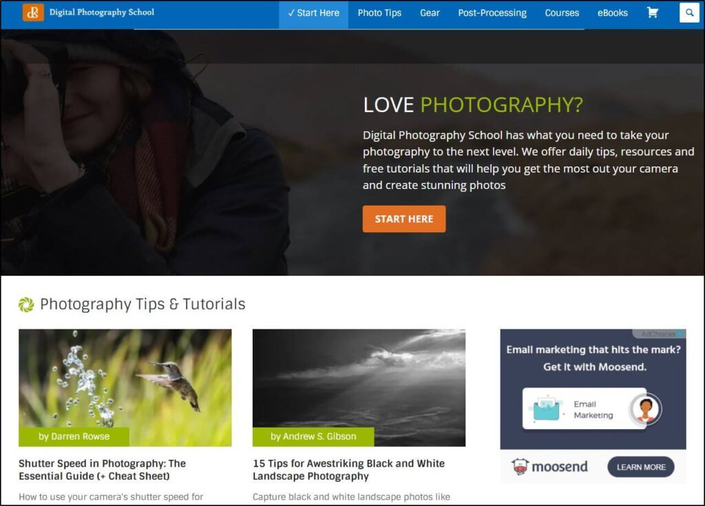 Digital Photography School homepage with Start Here button and photography tips & tutorials section