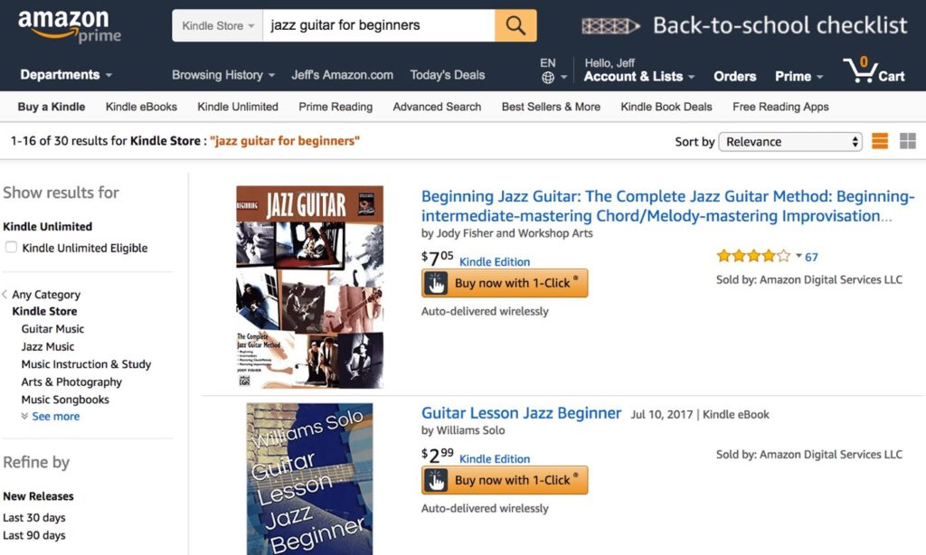 Amazon search results page for jazz guitar for beginners