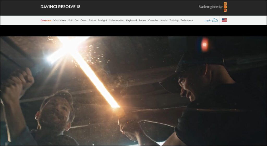 Davinci Resolve homepage image of two guys hitting swords together that light up