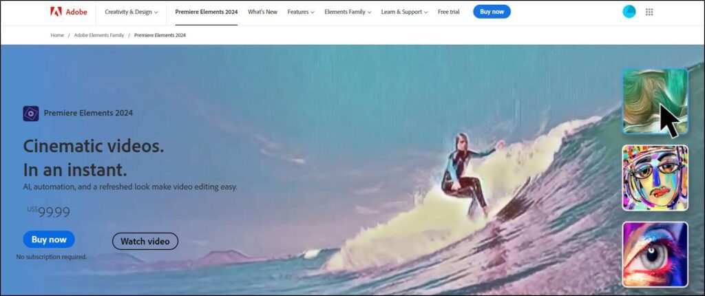 Adobe Homepage with Buy Now and watch video buttons
image of surfer in background