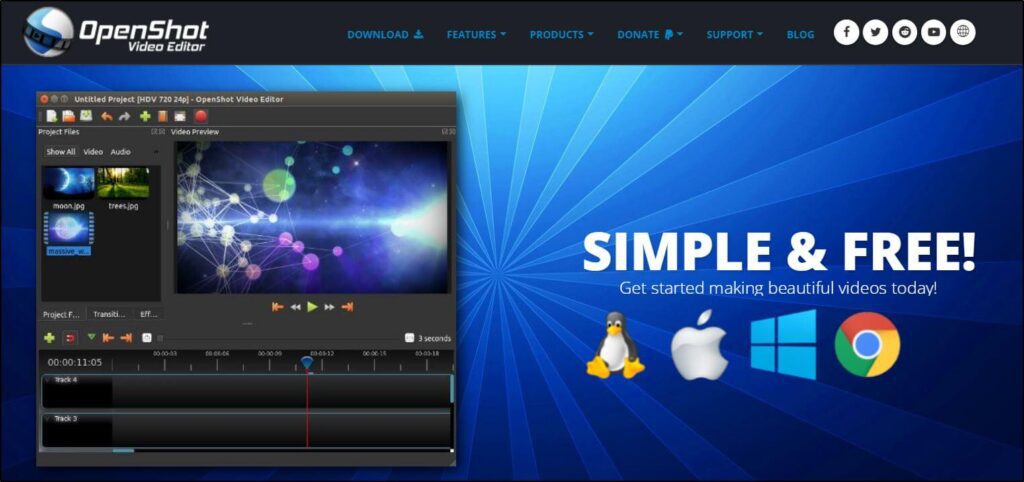 OpenShot homepage
Simple and Free
Blue background 