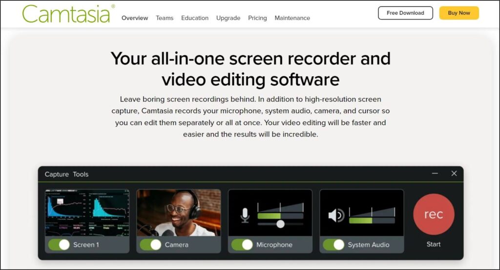 Camtasia Homepage with Buy Now button
Images along bottom
Screen 1
Camera
Microphone
System Audio