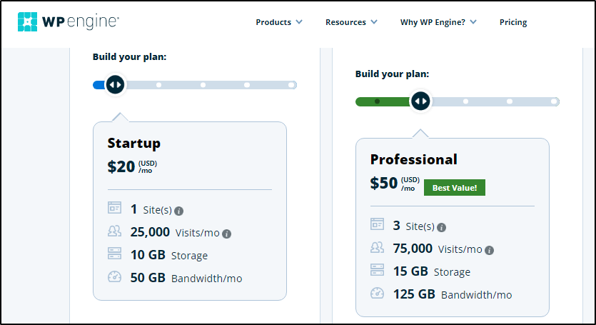 WP Engine - Build Your Plan, one box with "Startup" at $20/month, second box with "Professional" at $50/month (Best Value!)