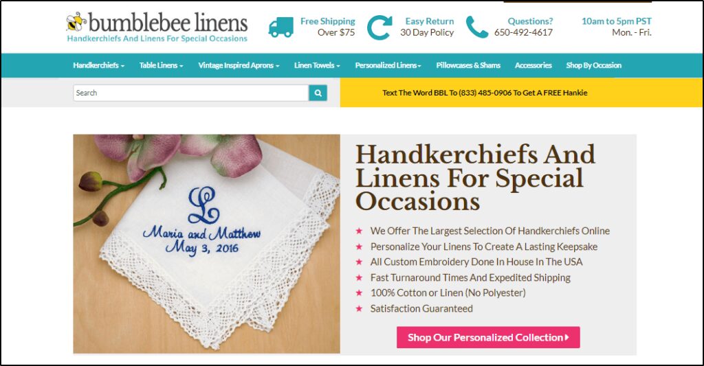 Bumblebee Linens home page: Handkerchiefs and Linens for Special Occasions