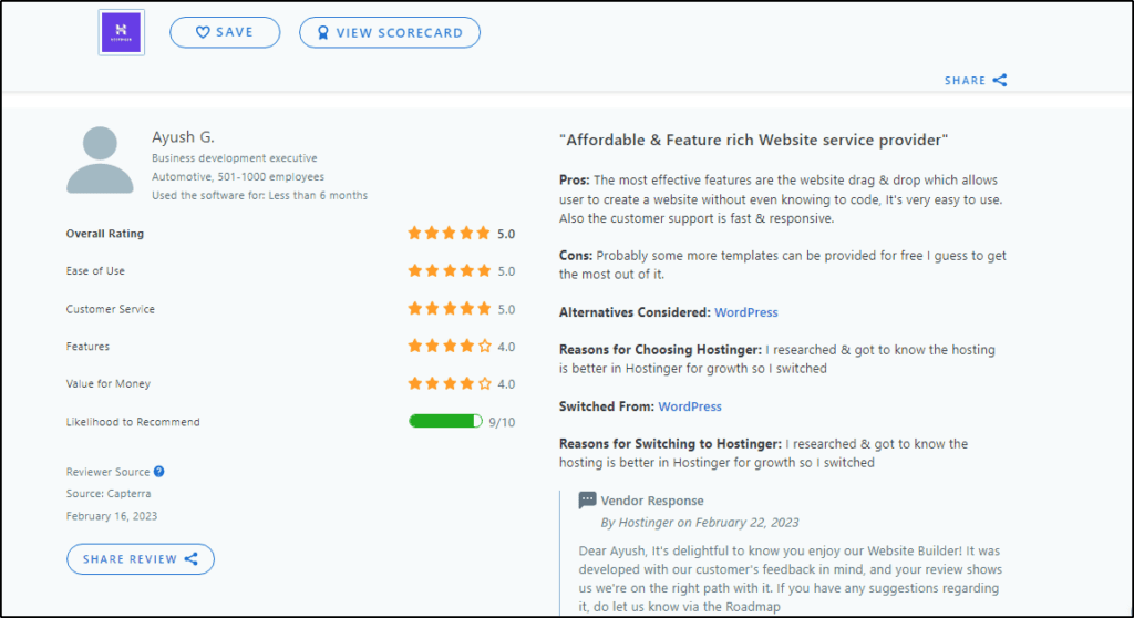 Hostinger review on Captera - Overall rating 5.0 stars