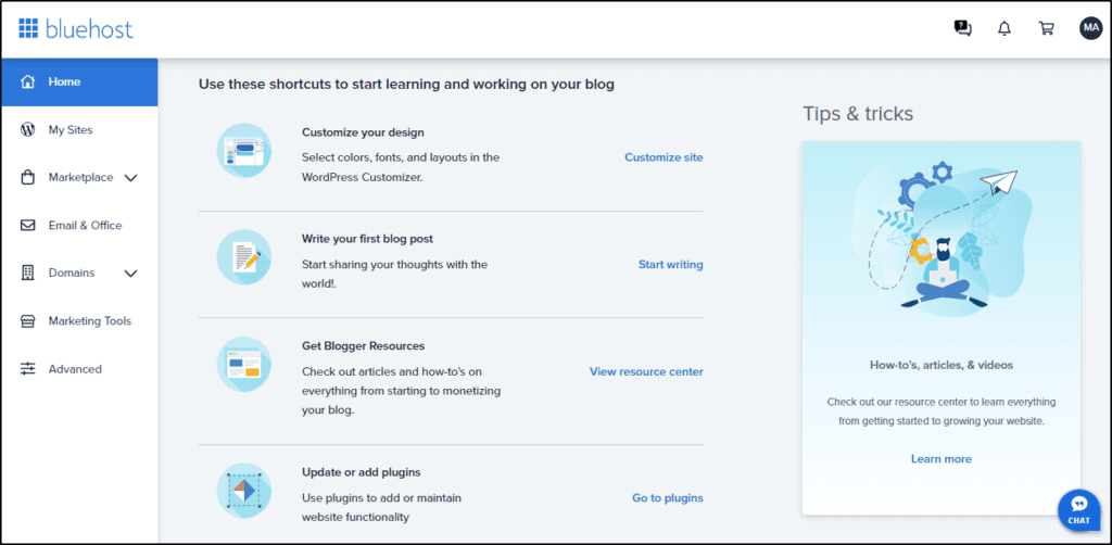 Bluehost backend control menu: "Use these shortcuts to start learning and working on your blog"