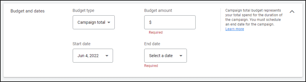 YouTube Budget and Dates campaign selection options