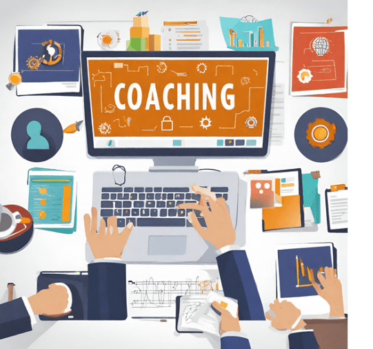 A graphic showing elements of coaching, including communication, reaching goals, and profit.