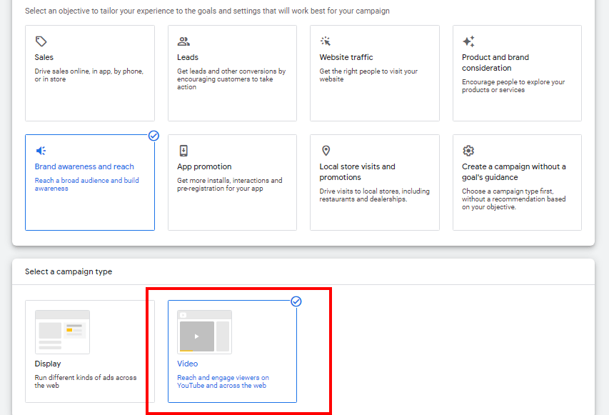 YouTube campaign settings, red box around "Video"