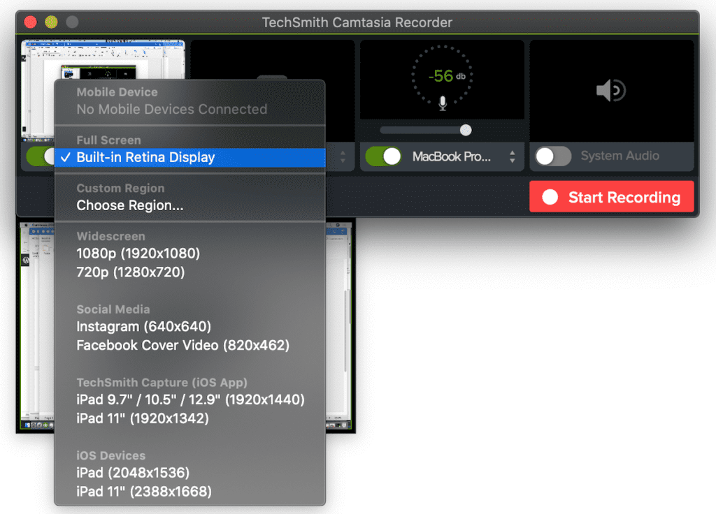 Settings interface for recording into Camtasia.