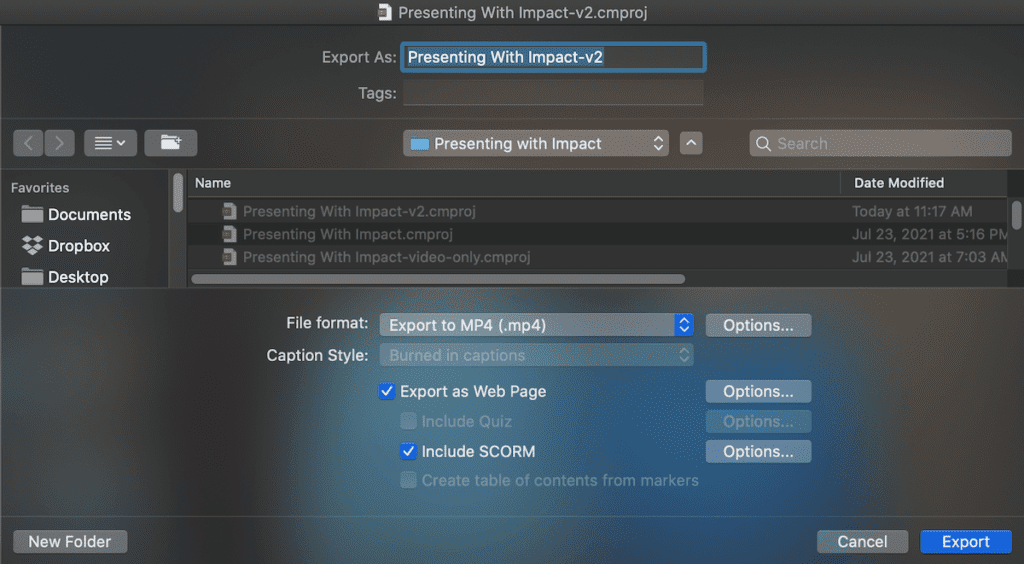 screenshot showing Presenting with Impact-v2 - Export to MP4, Export as Web Page