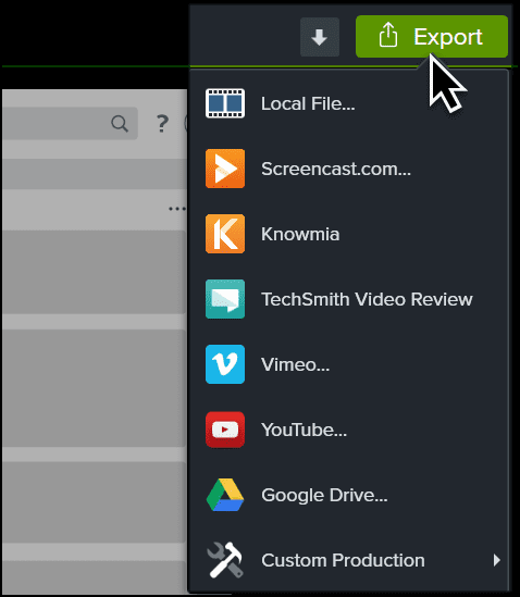 Camtasia option to export projects to recordings