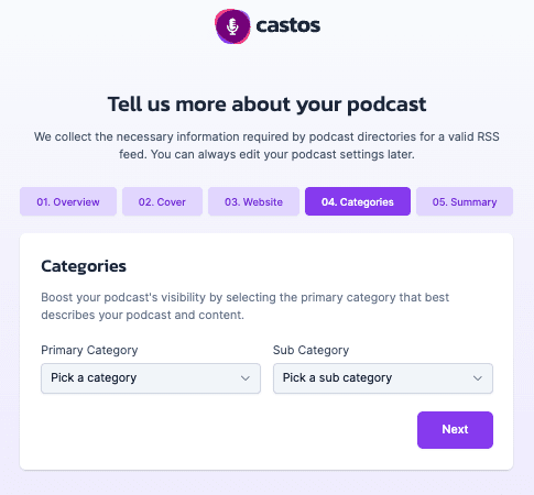 Tell u s more about your podcast where you picka  primary category and a sub category and then hit Next