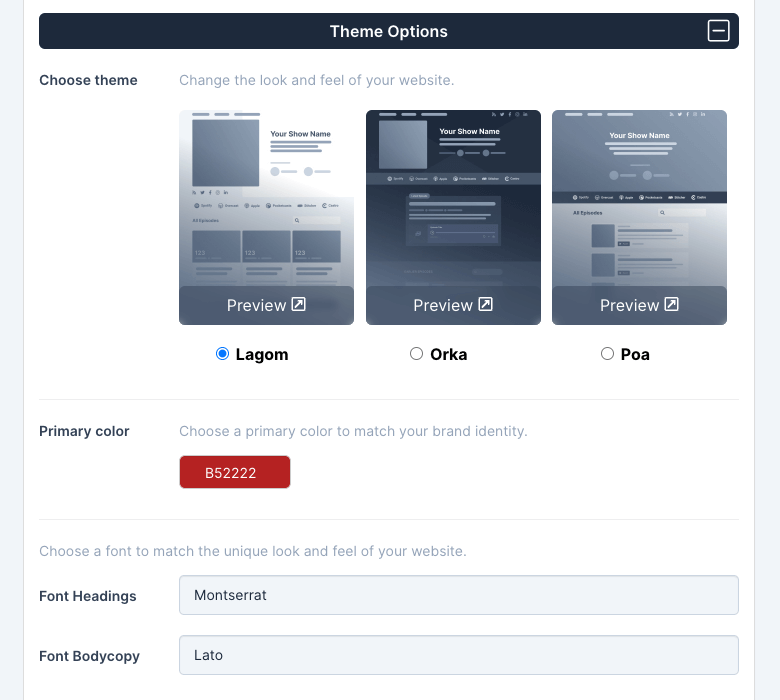 Theme options with three template previews and an area to choose primary color, font headings and body copy font