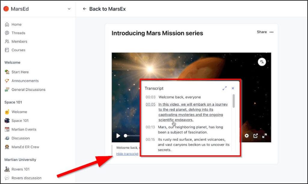 MarsEd screenshot with Introducing mars mission series video with red box around Transcript and red arrow pointing to box