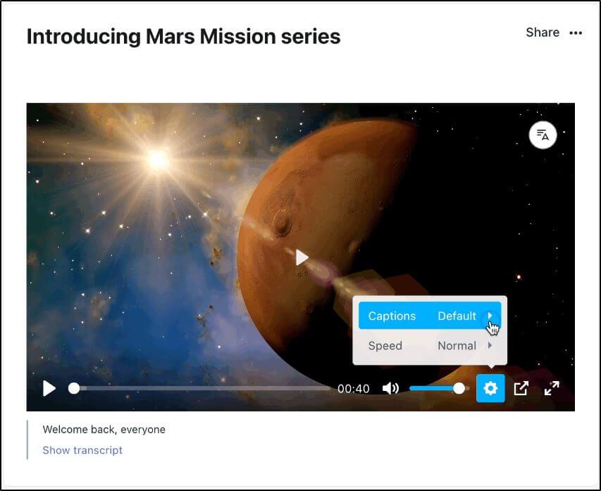Video screenshot with image of mars and a box that has Captions Default in blue with hand tool over it